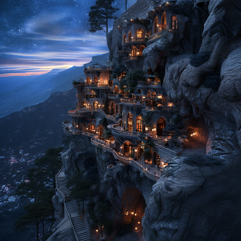 Fantasy illustration of a grand, multi-level dwelling carved into a cliff with lit balconies, under a starry sky