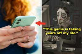 Person playing a game on smartphone, animated character experiencing stress at computer desk, comic style