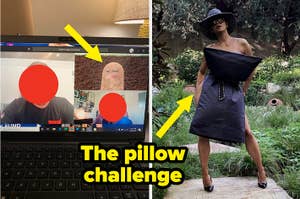 Two photos comparing virtual meeting attire to a "pillow challenge" outfit with an oversized pillow as a dress