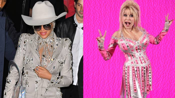 Beyoncé in a bejeweled gown with a cowboy hat and Dolly Parton in a studded pink costume holding up peace signs