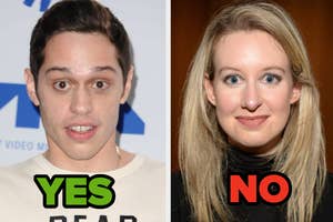 Two side-by-side photos of Pete Davidson and Kate McKinnon with "YES" and "NO" text overlay