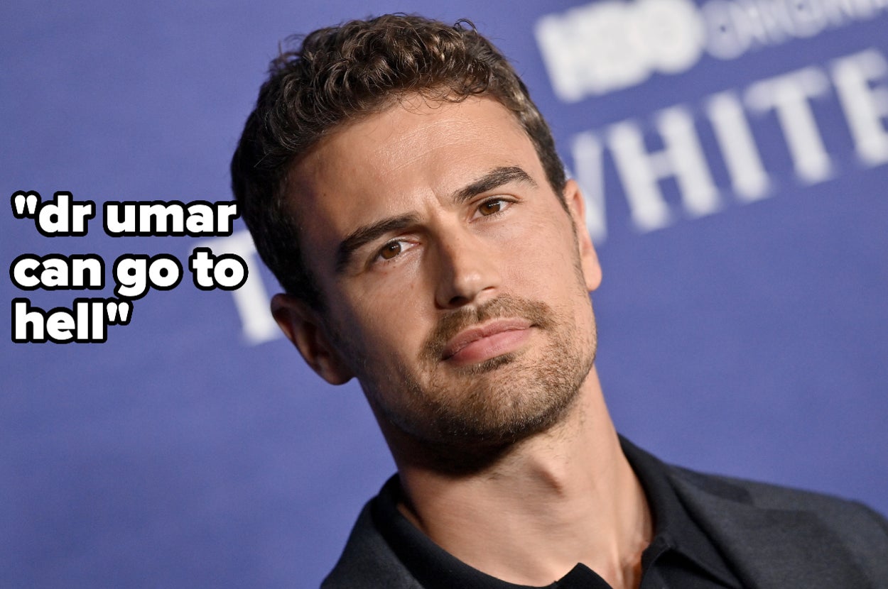 Theo James in a black suit, with overlay text expressing a negative sentiment towards Dr. Umar