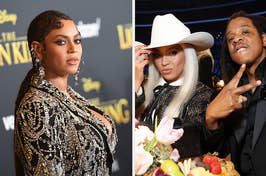 Beyoncé in an embellished gown vs Beyoncé in a cowboy hat and Jay Z doing the peace sign