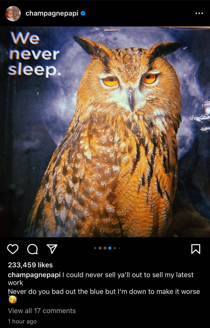 Owl graphic with the text &quot;we never sleep.&quot; used in a music-related post by Champagne Papi