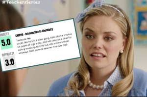 Text overlay on image featuring a blonde woman in a classroom setting with a perplexed expression, reviewing a humorous, fictional course evaluation