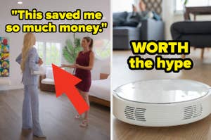 Left side shows two animated characters, right side a robotic vacuum with text "WORTH THE HYPE"