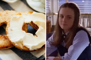 Bagel with cream cheese; Rory Gilmore from Gilmore Girls sitting at a desk