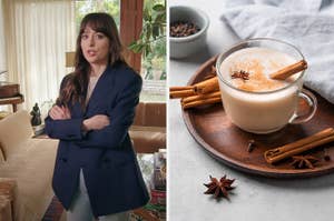 Woman in a blazer standing in a room; a cup of chai latte with cinnamon sticks on a tray next to it