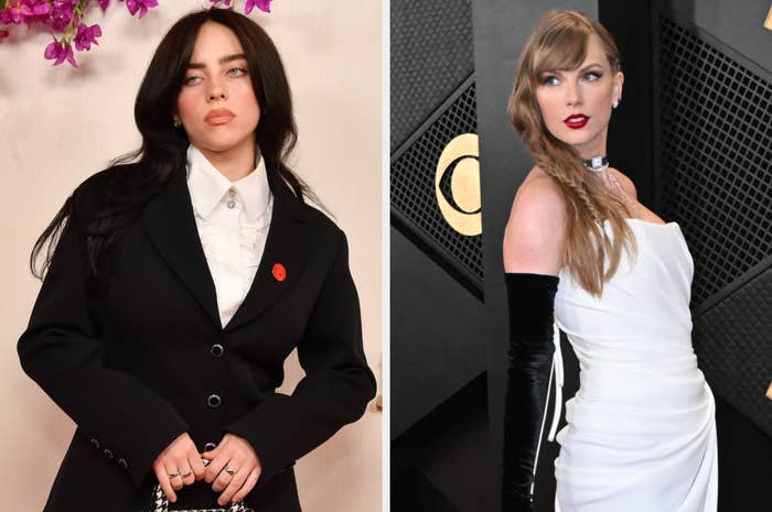 Billie Eilish in a black layered outfit, Taylor Swift in a white dress with black gloves. Both pose at a music event