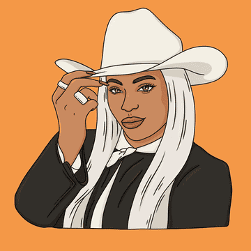 Illustration of Beyoncé  in a cowboy hat and blazer, tipping her hat