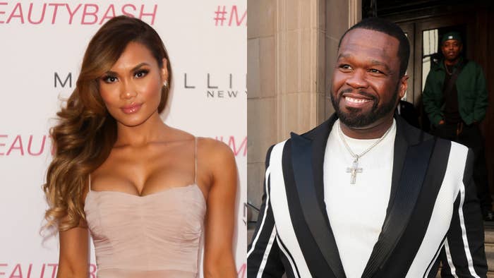 Daphne Joy in a dress at an event and Curtis &quot;50 Cent&quot; Jackson in a suit with a cross necklace, both posing separately