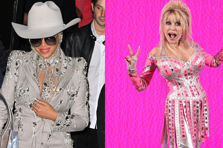 Beyoncé in a bejeweled gown with a cowboy hat and Dolly Parton in a studded pink costume holding up peace signs