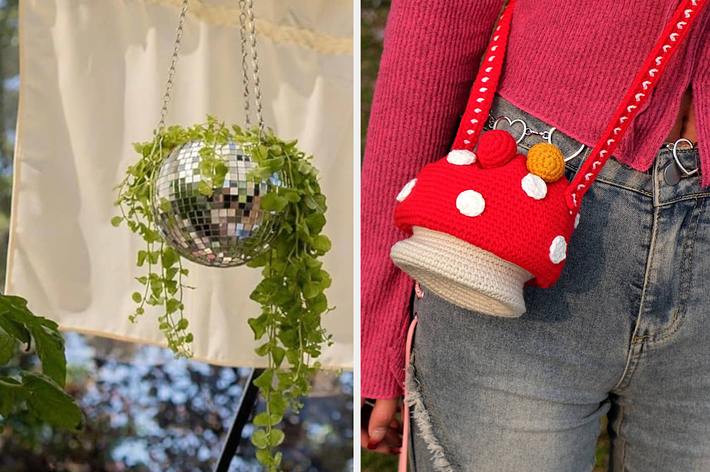Person with a red polka dot handbag in the shape of a cartoon character's pants paired with casual denim