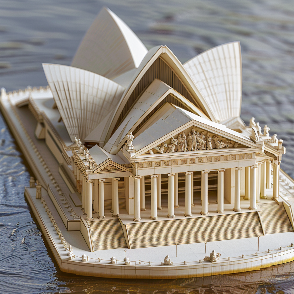 A 3D puzzle model of the Sydney Opera House merged with the Parthenon, floating on water