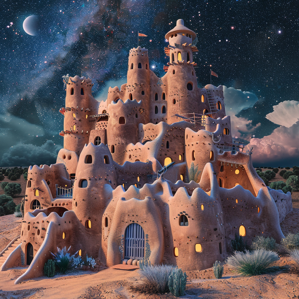 Fantasy sandcastle with multiple towers under a starry night sky, with the moon and desert surroundings