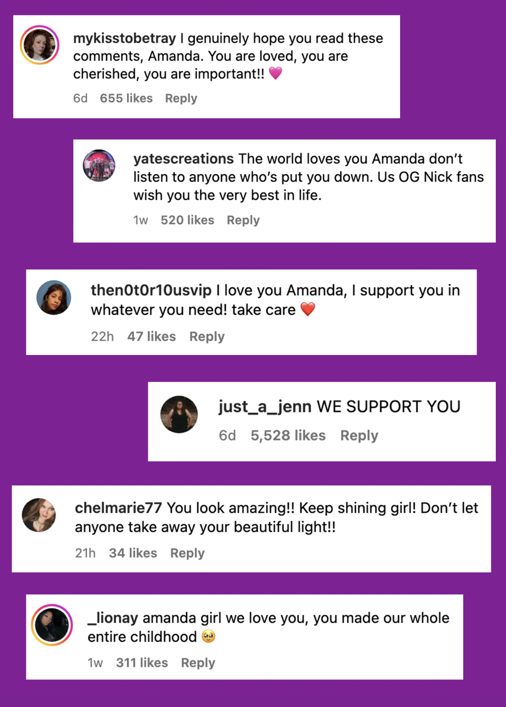 Summarized comments showing support and encouragement for Amanda, with sentiments of love and admiration expressed by various users
