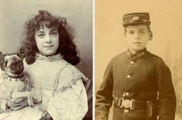Two vintage portraits side by side, one of a young girl holding a dog, the other of a boy in a uniform