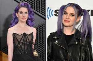 Kelly Osbourne on the red carpet vs Kelly Osbourne poses wearing two pigtails
