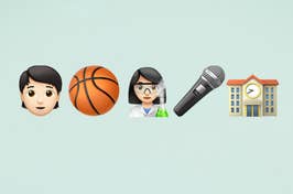 Five emoji representing a boy, basketball, a scientist, a microphone, and a school