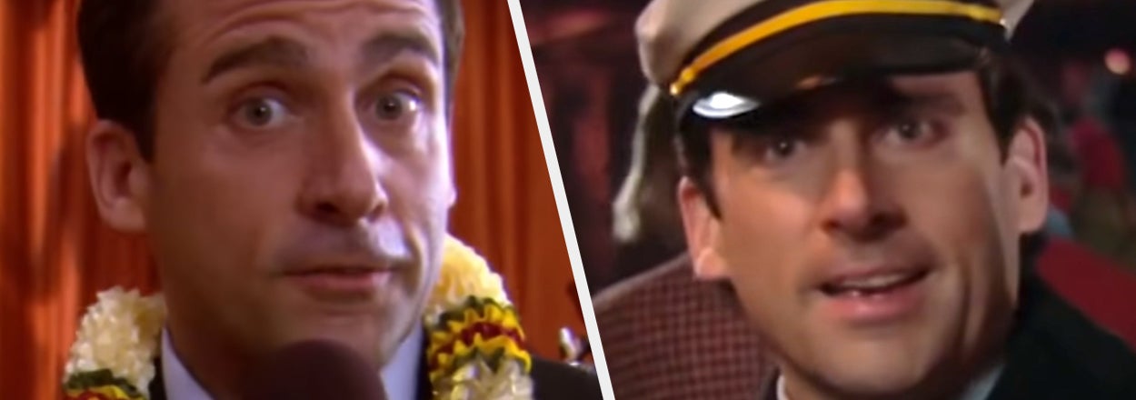 Split image of Michael Scott in a floral necklace and Michael Scott in a captains hat.