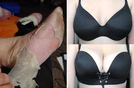 reviewer peeling skin off foot and reviewer wearing push up lace up bra