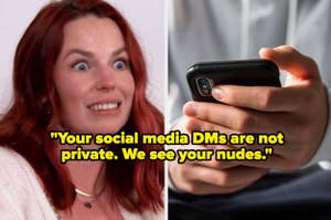Person holding phone with text overlay about DM privacy, alongside expressive woman reacting