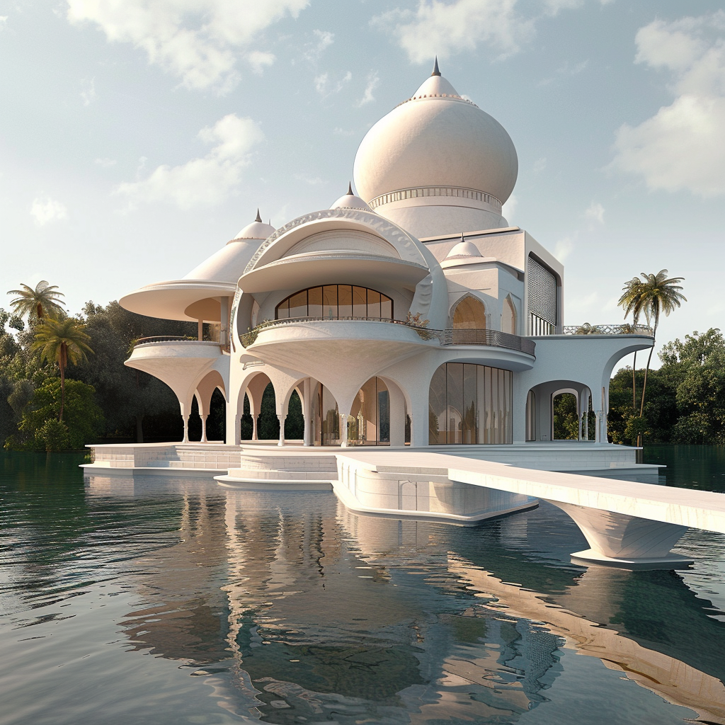 Modern mansion with dome roofs beside a reflective water body, featuring a prominent walkway access
