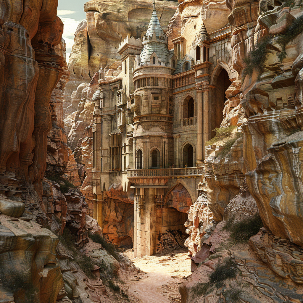 Fantasy castle built into rocky cliffside, with towers and arched entryway, evoking a sense of adventure