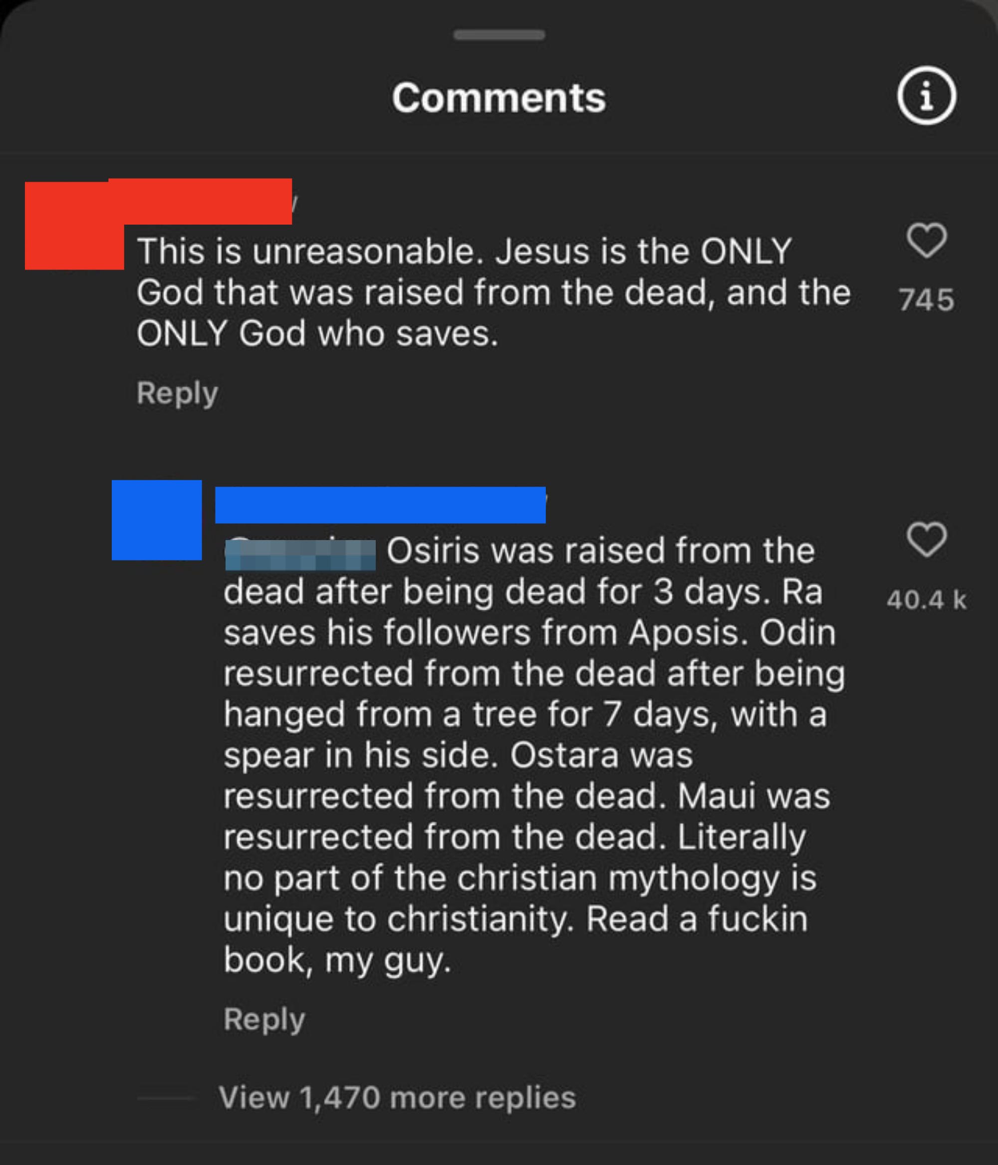 A commenter claiming Jesus is the only deity to raise from the dead and save others, with another commenter pointing out the many examples of gods who resurrected and saved souls