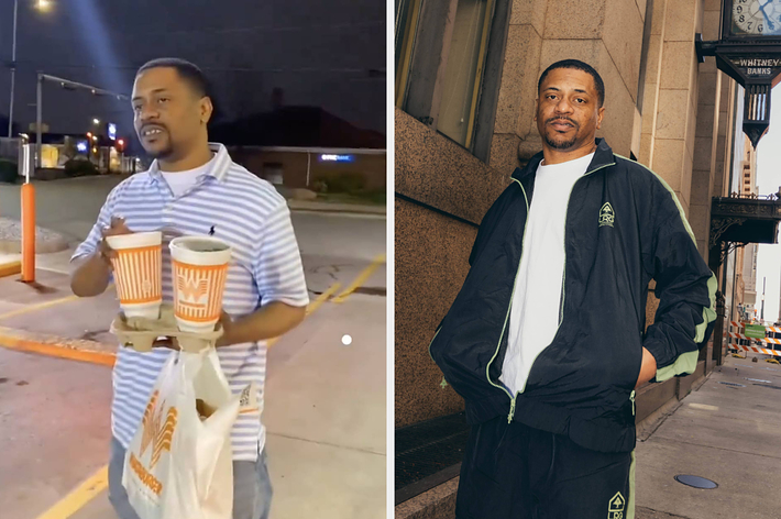 Two side-by-side photos of a man, first holding coffee and food, second leaning on a wall in a casual tracksuit