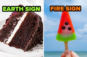 On the left, a slice of chocolate cake labeled earth sign, and on the right, someone holding a watermelon popsicle labeled fire sign