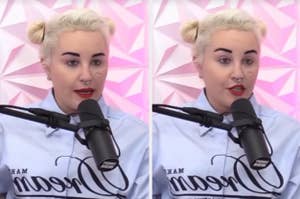 Amanda with double bun hairstyle speaking into a microphone, wearing a top with text