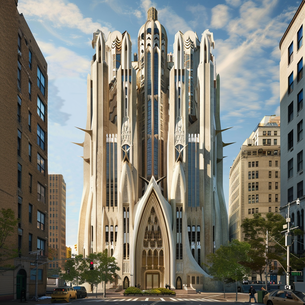 Modern gothic-style skyscraper with intricate facade details, amidst city buildings
