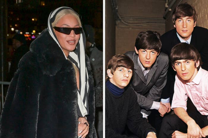Left: Lady Gaga in a black fur coat and sunglasses. Right: The Beatles, in suits, posing together