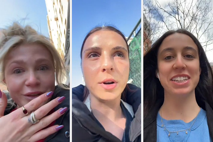 Collage of three women taking selfies, expressing surprise, speaking, and smiling directly to the camera