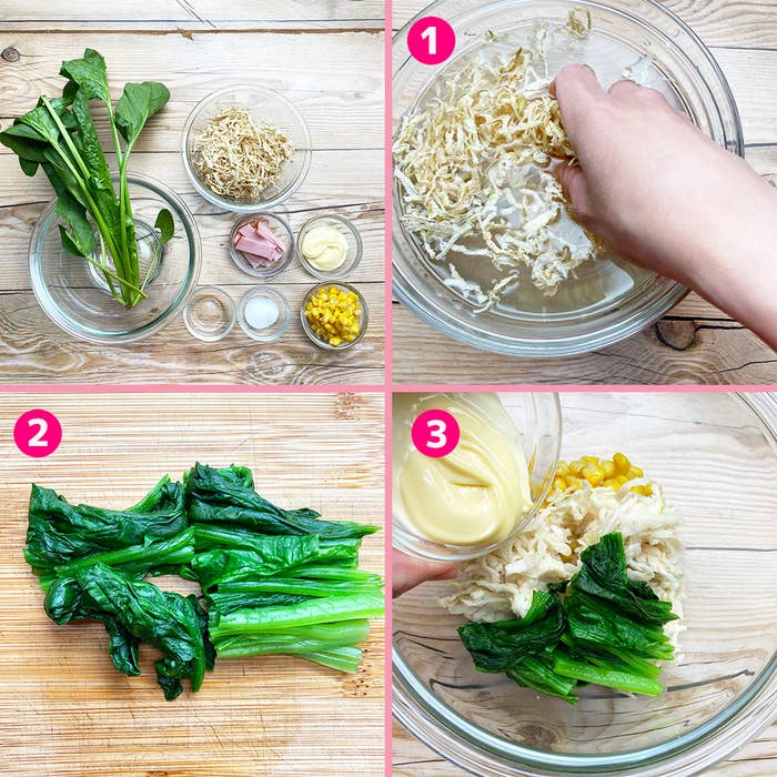 手が食材をボウルに入れて料理をしている工程を写した４枚の画像。