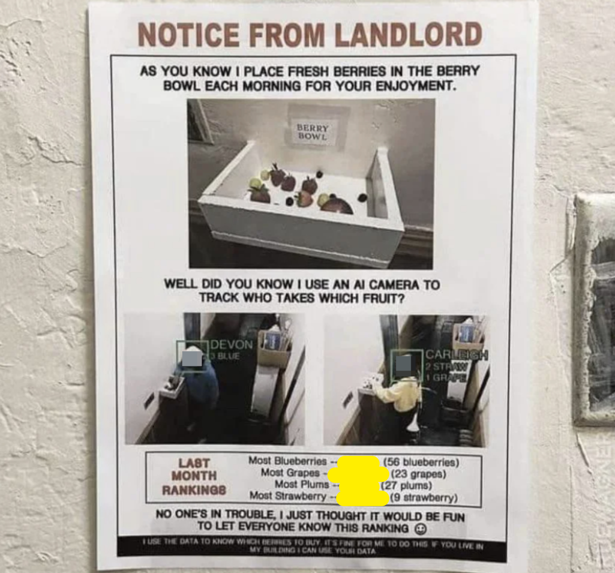 The image is a humorous printed notice from a landlord about tracking which tenant eats more berries using an AI camera, with individual berry counts