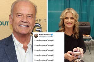 Kelsey Grammer smiling at an event and Kristy Swanson seated, looking at phone with her tweet professing love for President Trump