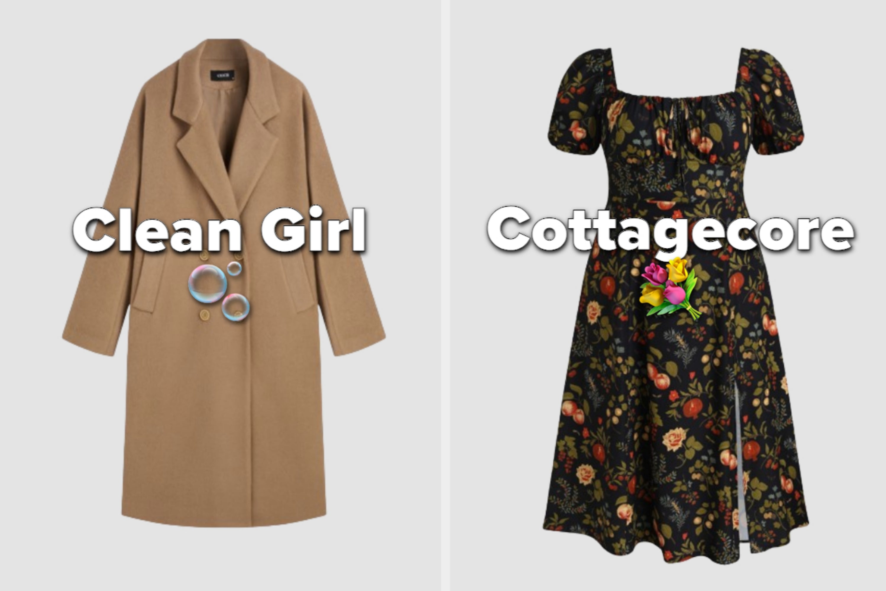 On the left, a camel coat labeled Clean Girl, and on the right, a floral dress labeled Cottagecore