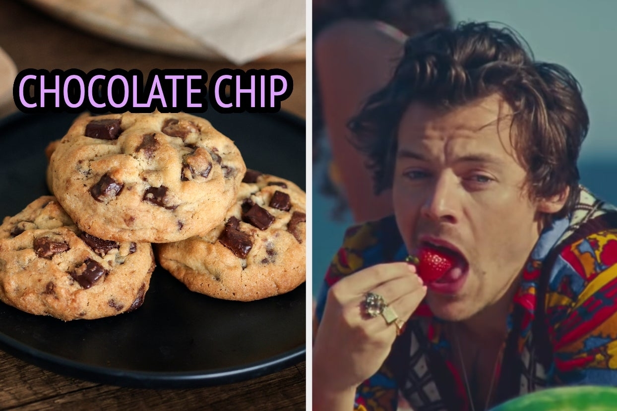 On the left, a plate of chocolate chip cookies, and on the right, Harry Styles eating a strawberry in the Watermelon Sugar music video