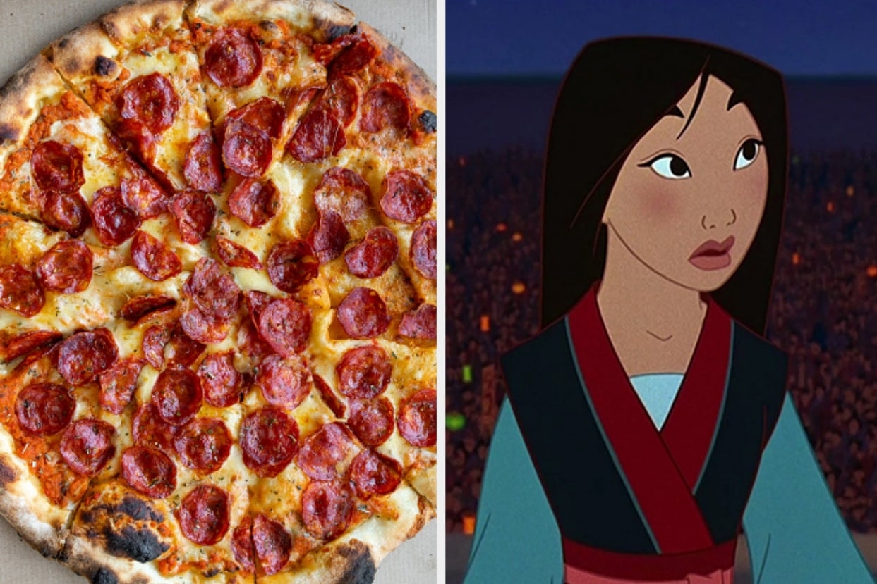 On the left, a pepperoni pizza, and on the right, Mulan