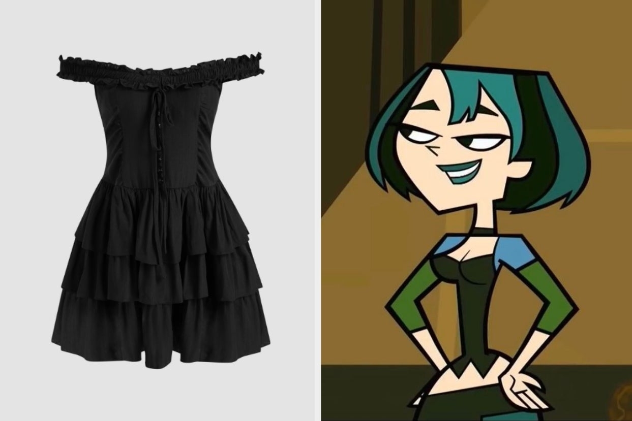 On the left, an off-the-shoulder dress, and on the right, Gwen from Total Drama standing with her hands on her hips
