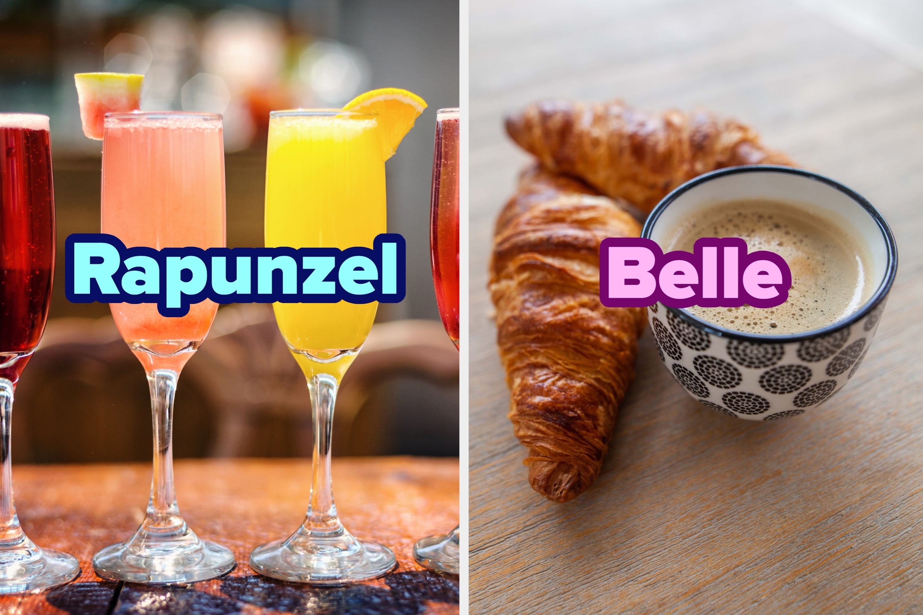 On the left, some assorted cocktails labeled Rapunzel, and on the right, some croissants next to a cup of coffee labeled Belle