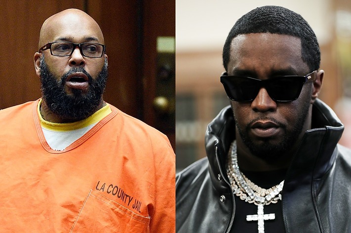 Split image with Suge Knight in orange prison attire on the left and Sean Combs in a black jacket and sunglasses on the right
