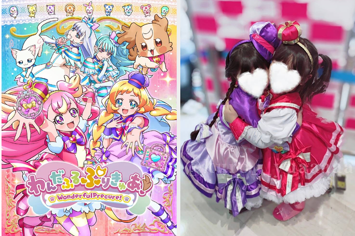 アニメキャラクターのグループとコスプレをした子供たちが抱き合っている。