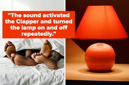 Two people under a blanket with feet showing, and a lamp, relates to clapping to turn it on/off