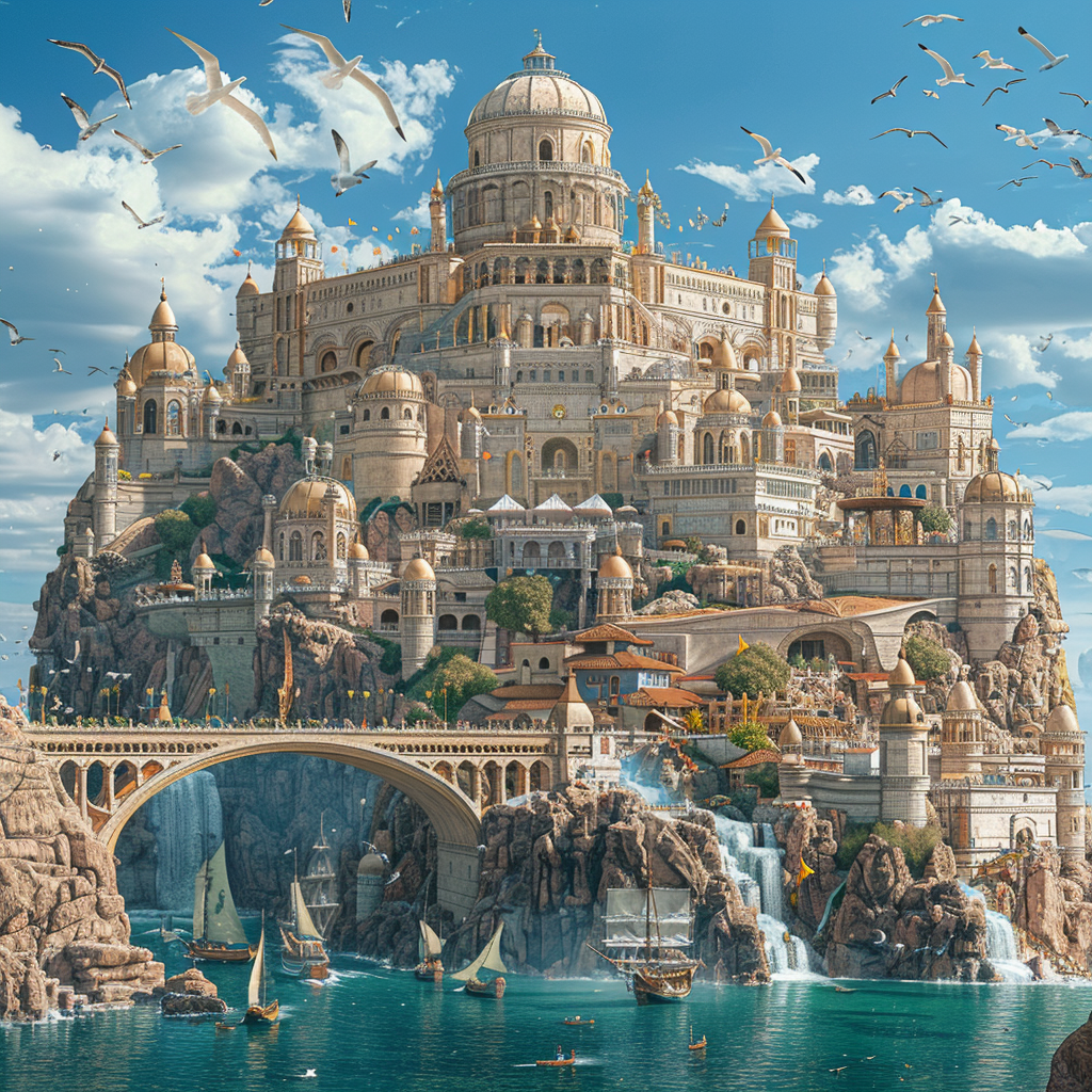 Fantastical castle with bridges, waterfalls, and seagulls, evoking a storybook setting