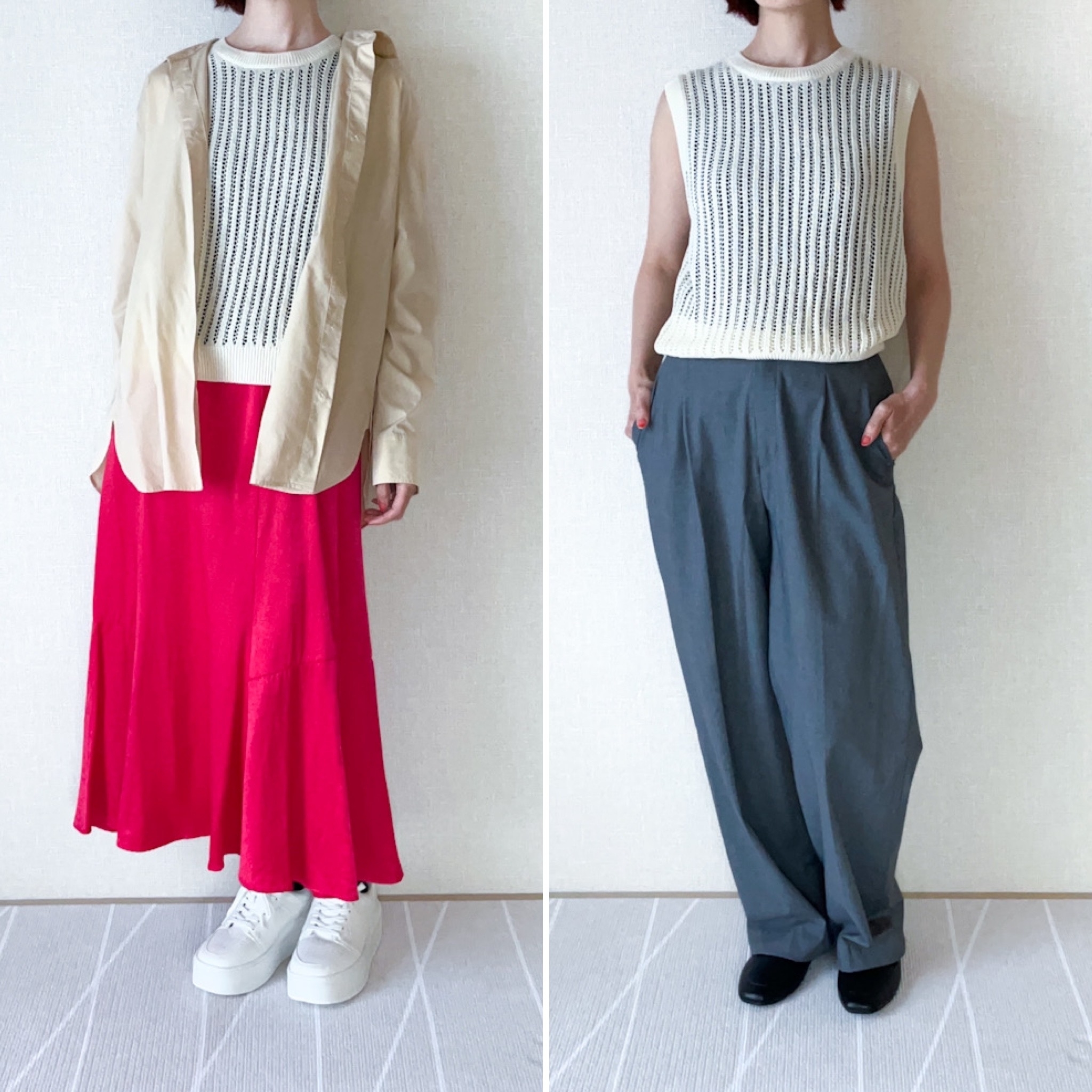 ユニクロのおすすめファッションアイテム「メッシュクルーネックショートセーター（ノースリーブ）」