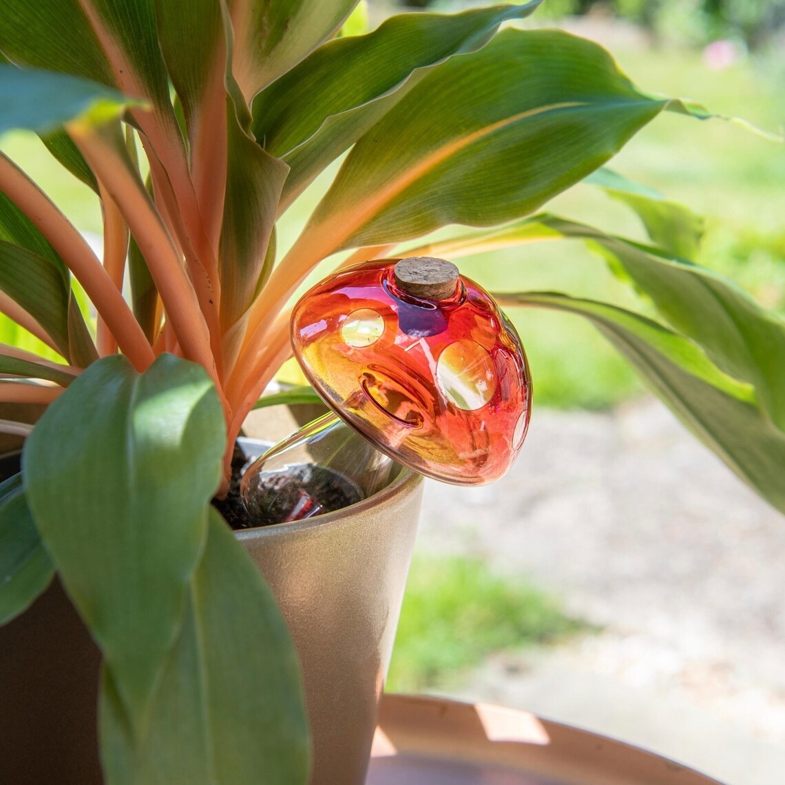 A decorative amber-colored glass watering bulb inserted in the soil of a potted plant