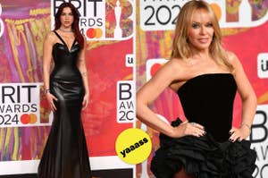 Dua Lipa posing on the red carpet vs Kylie Minogue posing on the red carpet